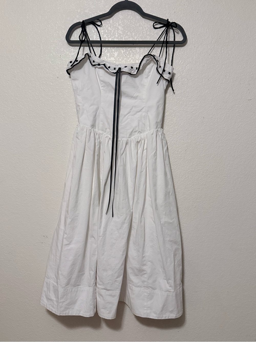 MAJORELLE White Midi Tie-Shoulder Dress with Black Trim 0281